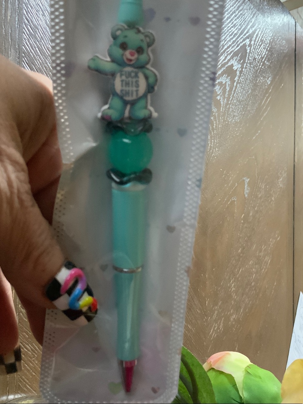 Turquoise HANDMADE ADULT FUN CARE BEAR INK PEN ACCENTED W/ BEAD
